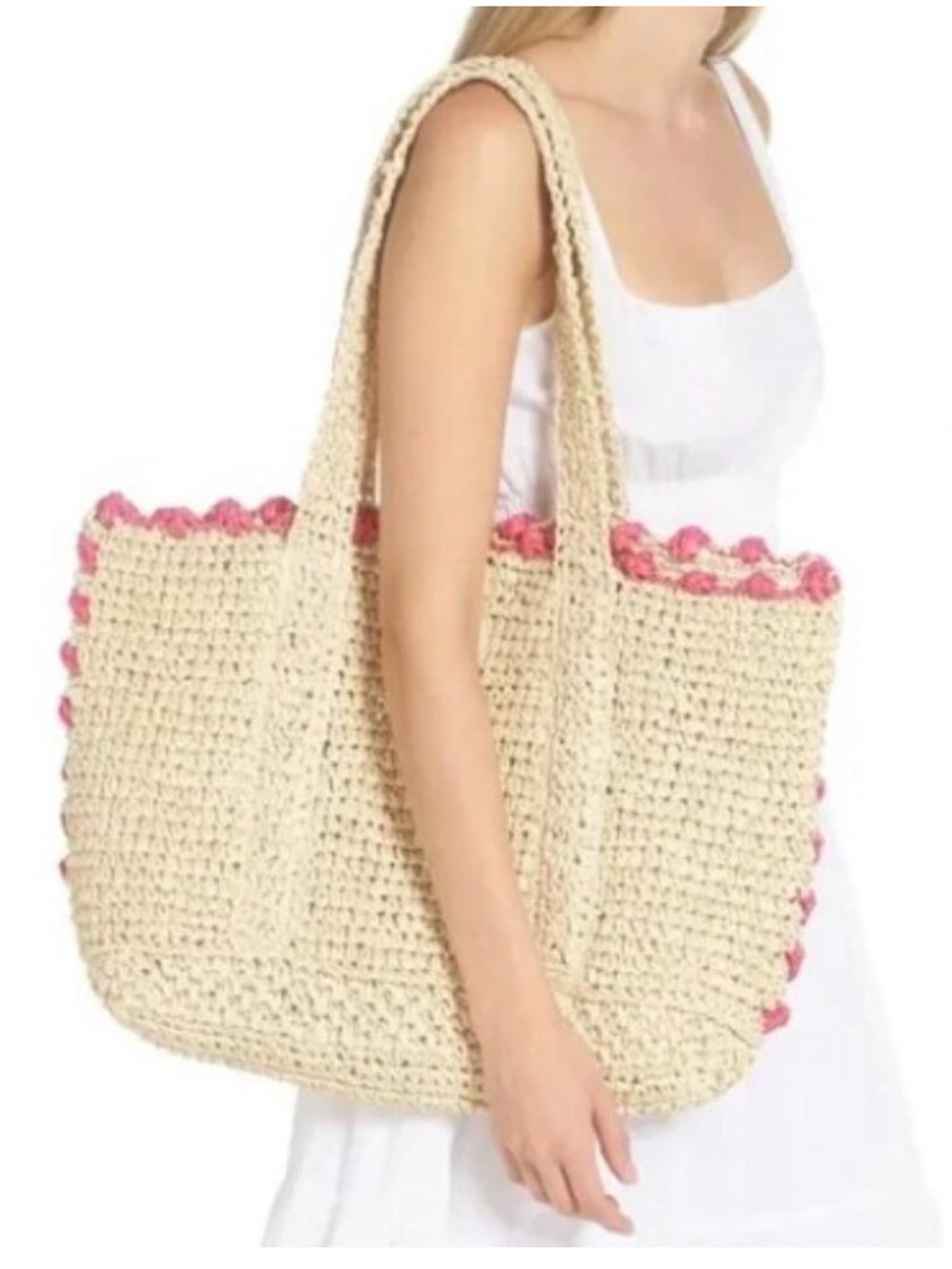 BTB Los Angeles Beach Cream Crochet Tote Bag with Pink Trim